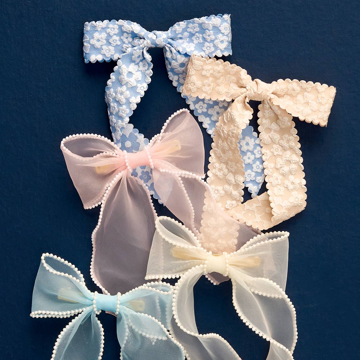 Flower Scallop Hair Bow-Blue