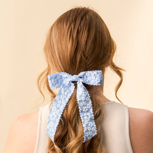 Flower Scallop Hair Bow-Blue